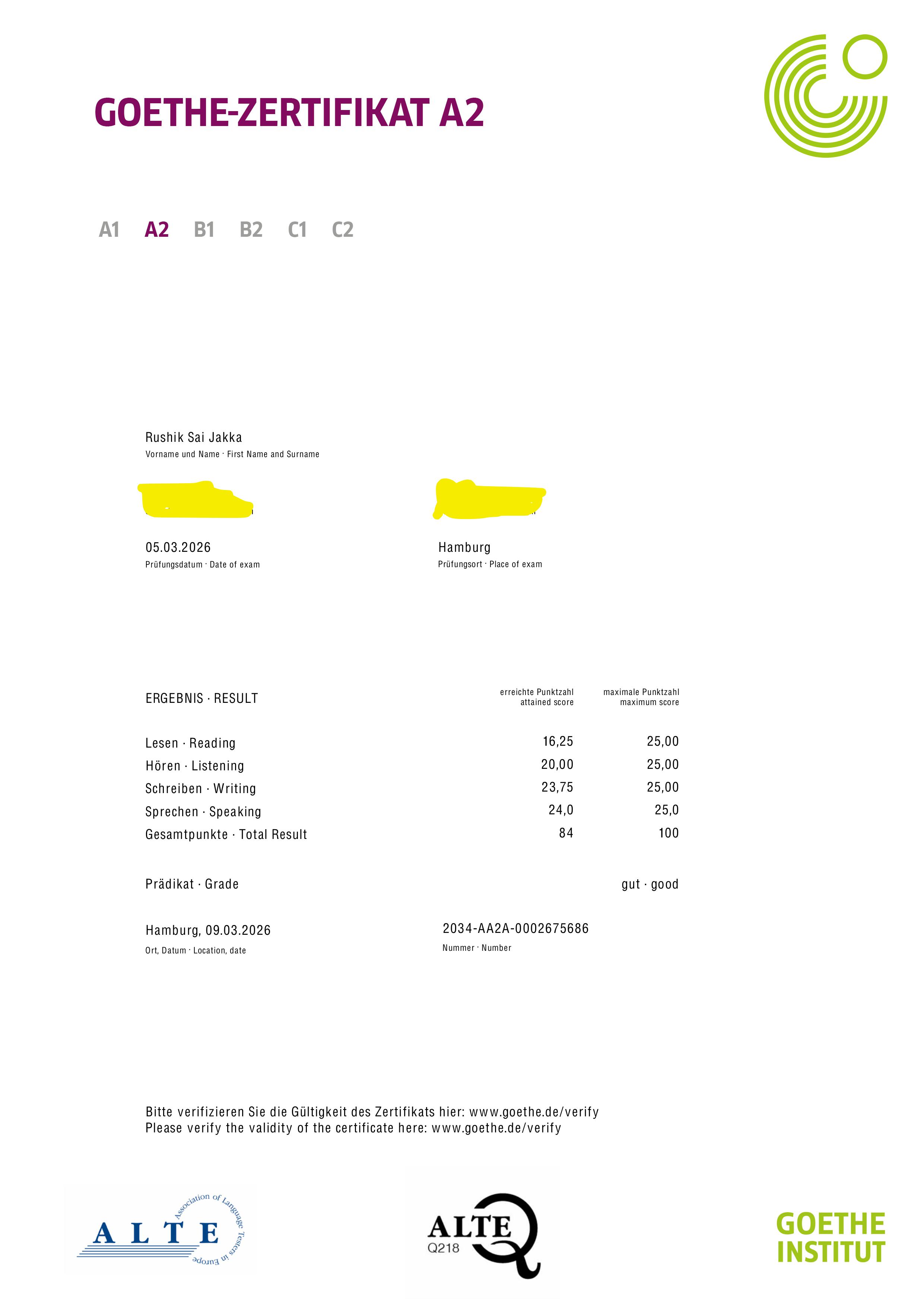 Goethe-Zertifikat A2: German